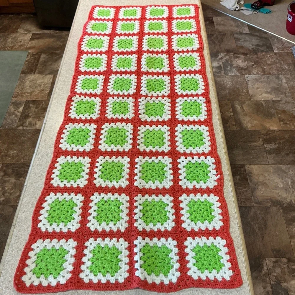 Handmade Crochet Granny Square Table Runner Placemat Set Red Green White‎ Boho
